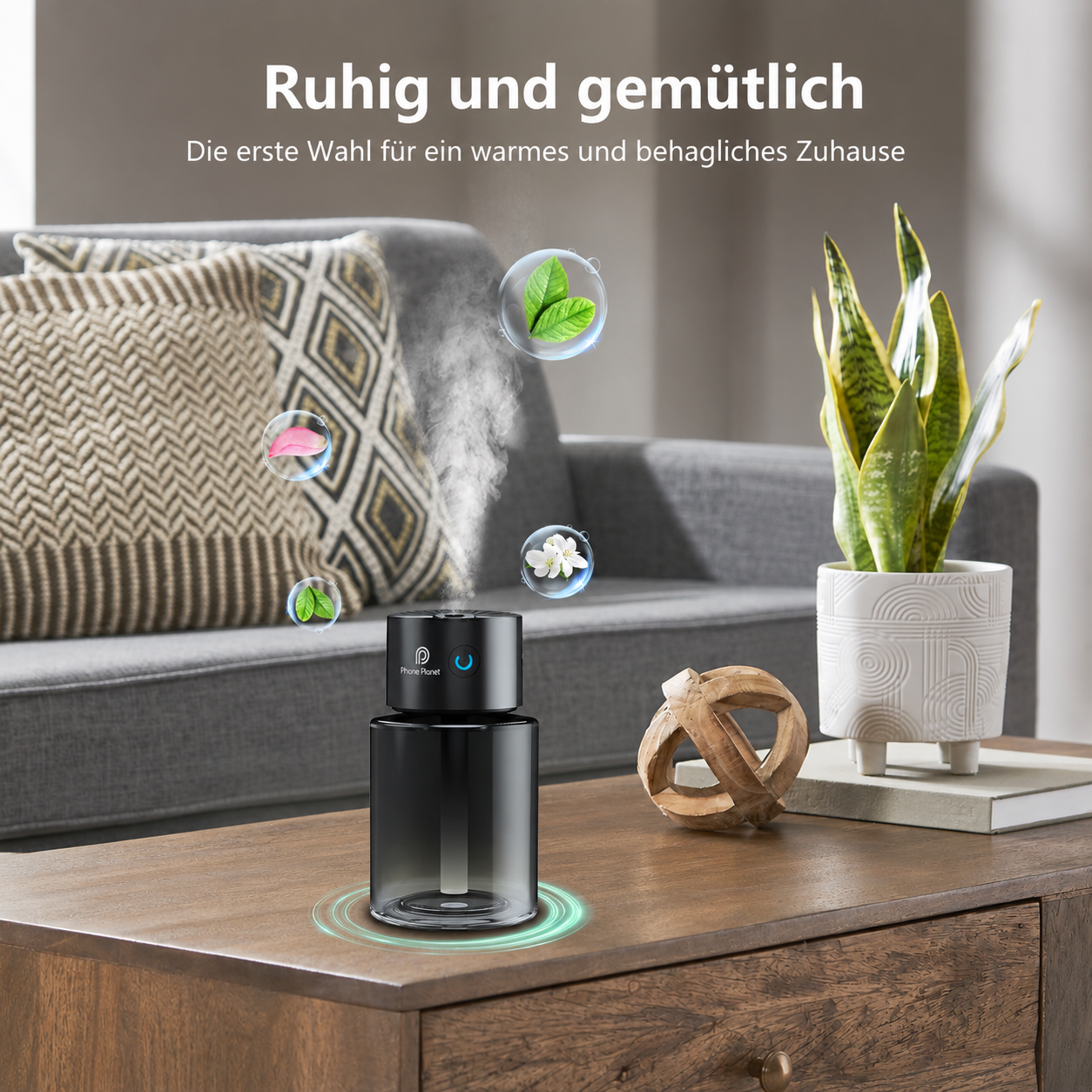 Starry Sky Auto Aroma Diffuser auf einem Wohnzimmertisch mit feinem Duftnebel