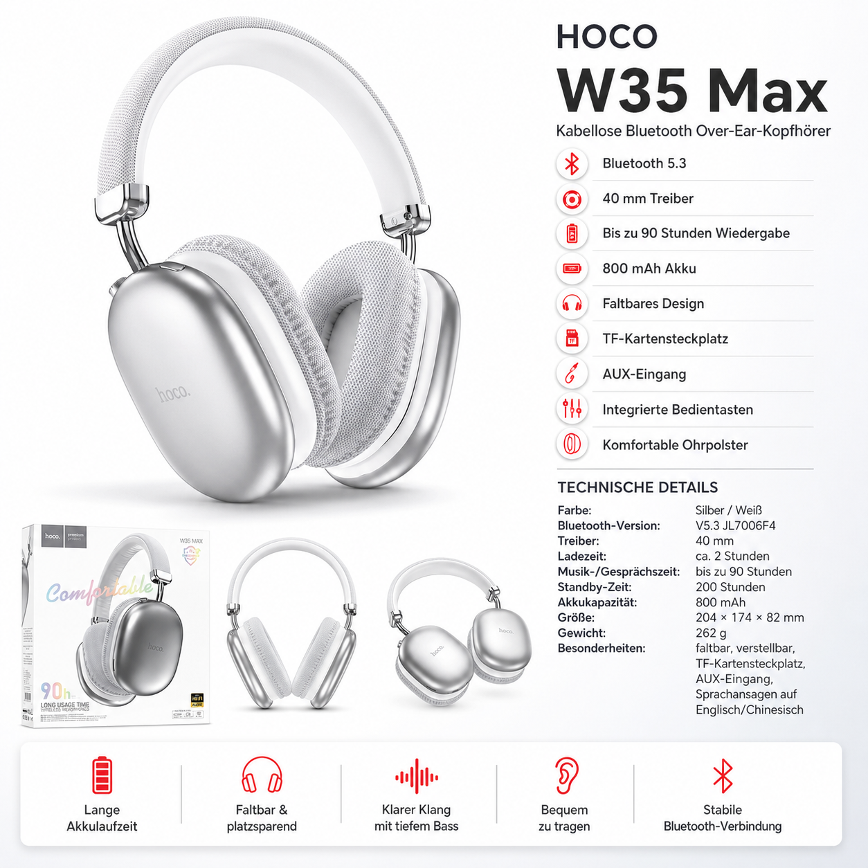 HOCO W35 Max Bluetooth 5.3 Over-Ear-Kopfhörer – 90 Std. Laufzeit, AUX & TF, Blau