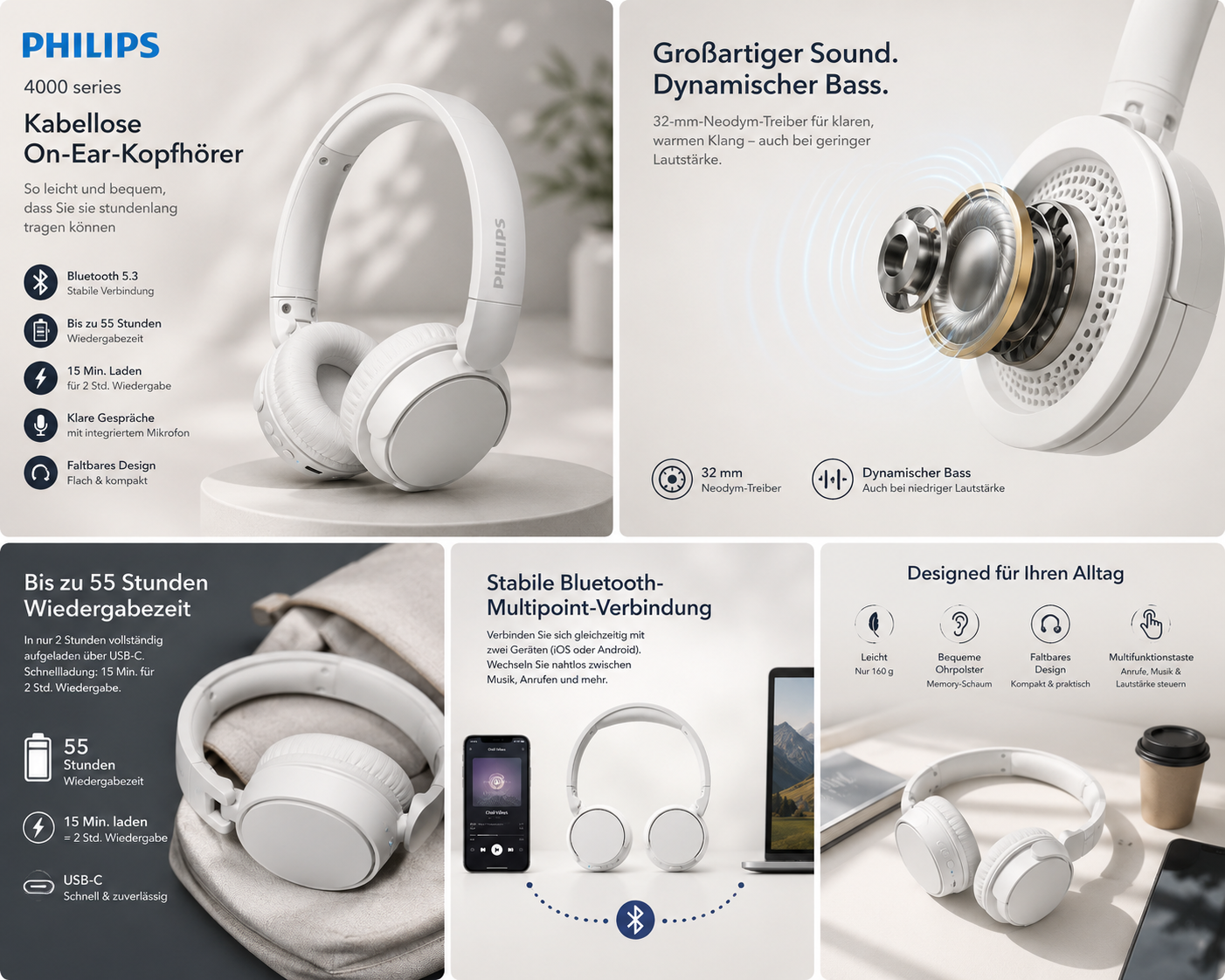 Philips TAH4209 On-Ear Bluetooth-Kopfhörer – Weiß