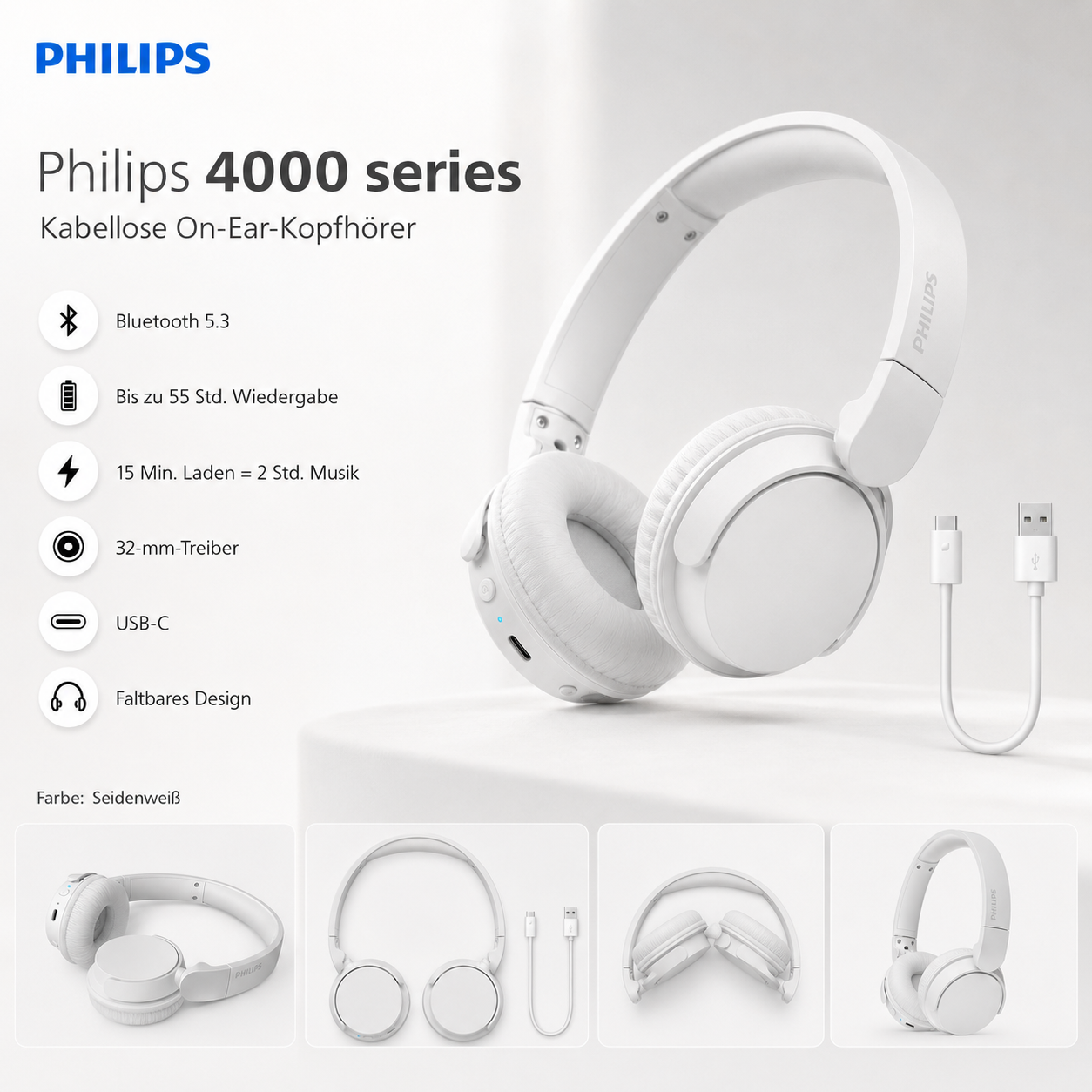 Philips TAH4209 On-Ear Bluetooth-Kopfhörer – Weiß
