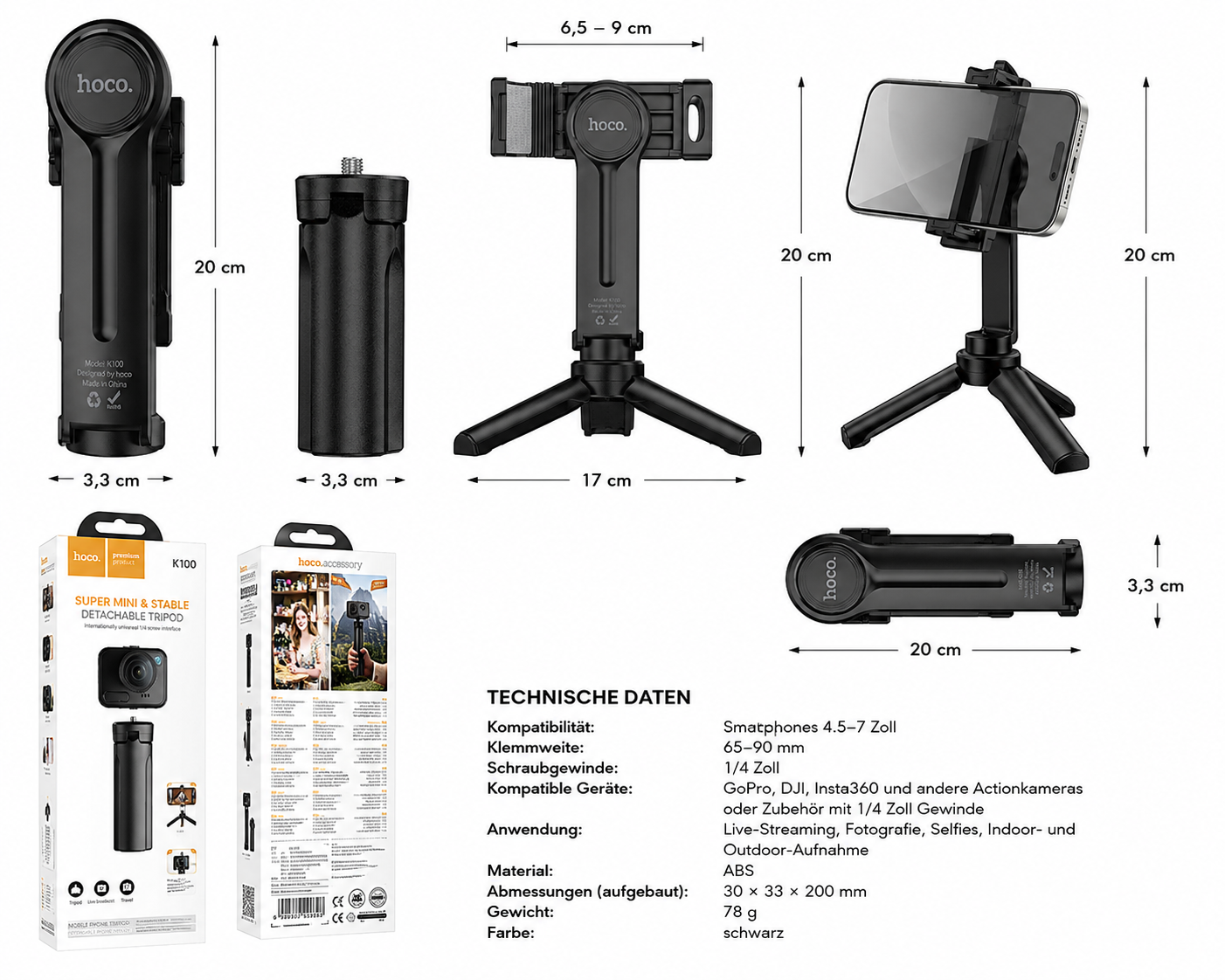 Kompaktes hoco K100 Stativ für Videos Selfies und Livestreams;