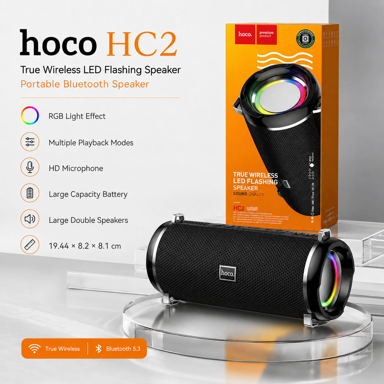HOCO HC2 Xpress Bluetooth Lautsprecher Schwarz – 10W, RGB LED & IPX5