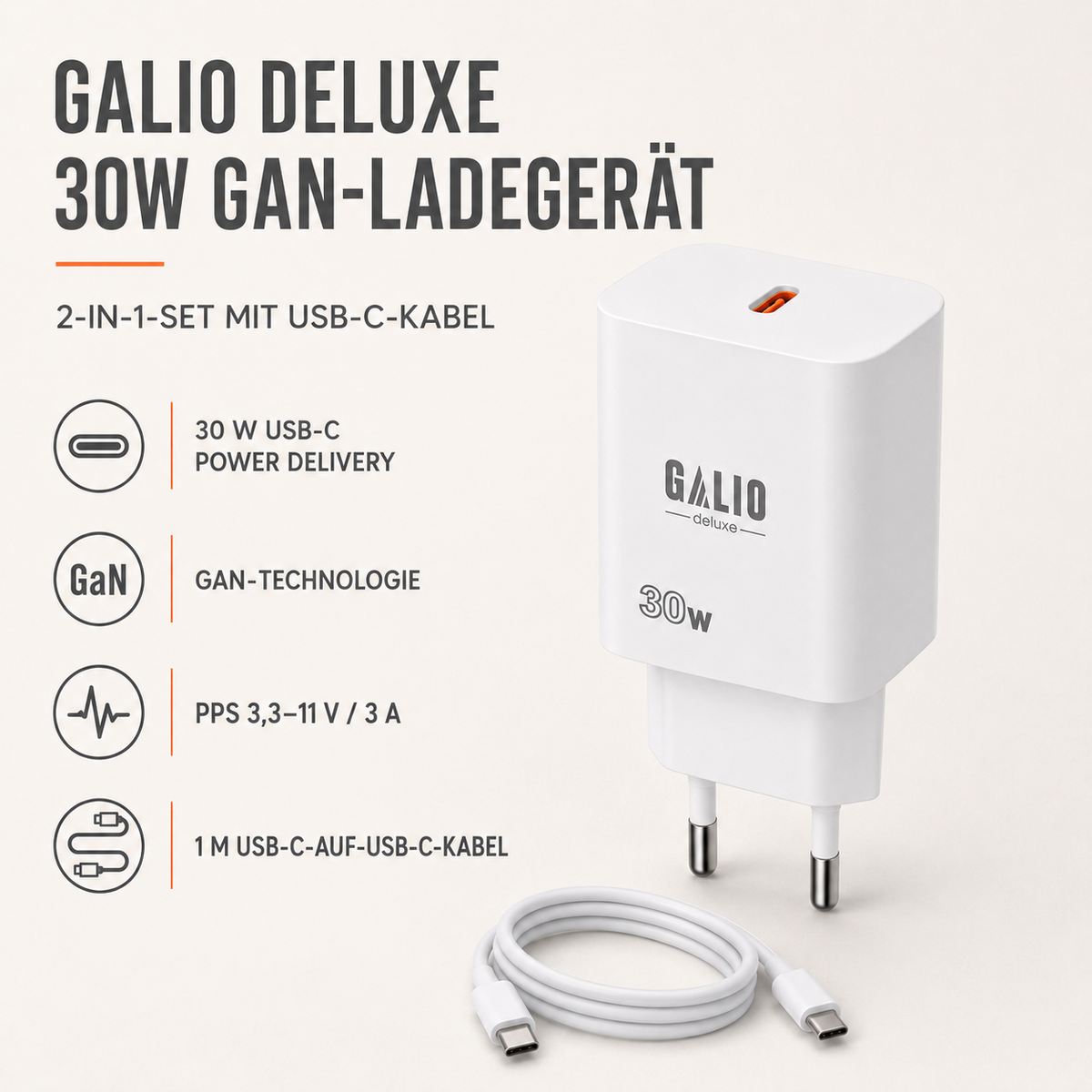 GALIO deluxe 30W GaN USB-C Ladegerät in Weiß mit 1 m USB-C-Kabel