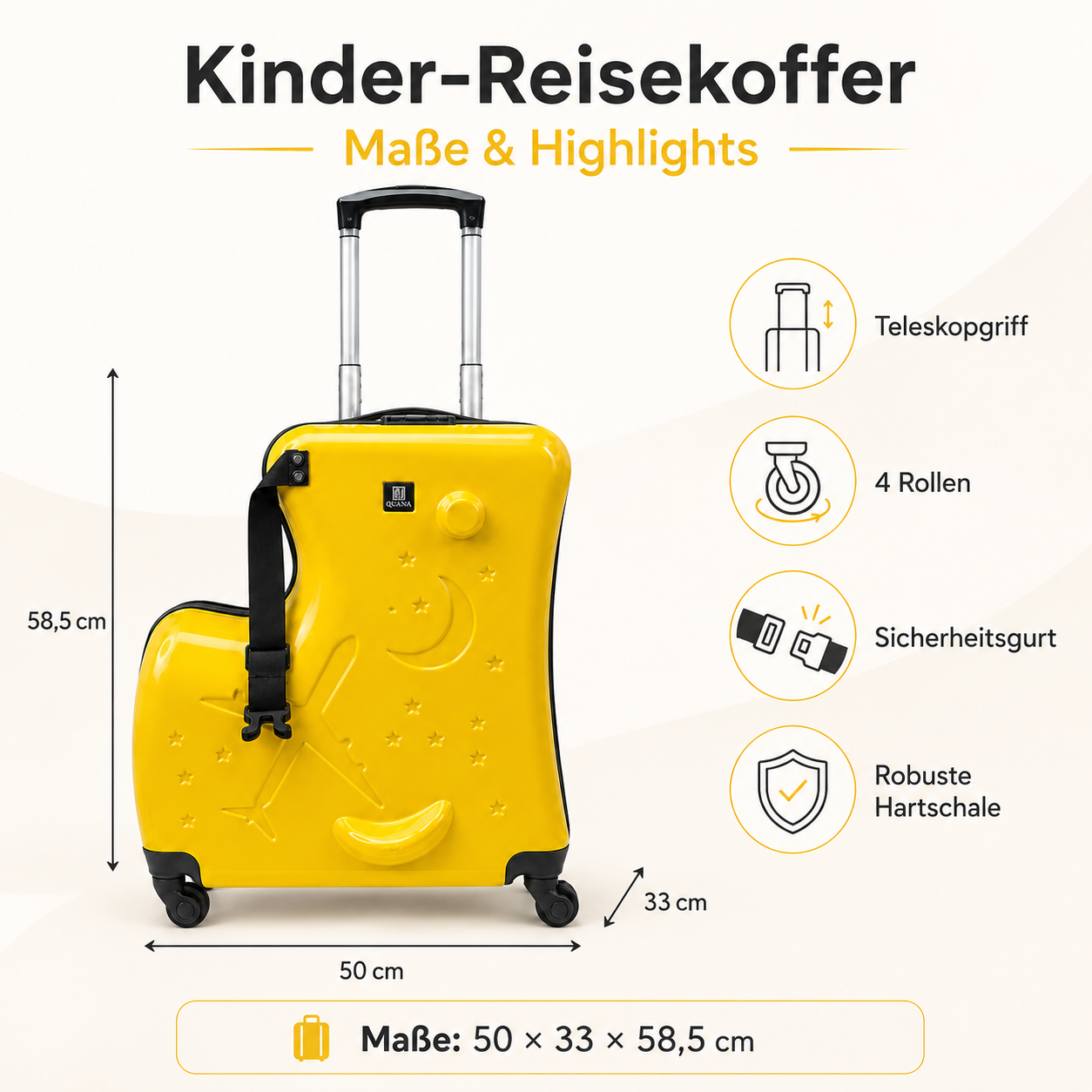 QUANA Kinder-Reisekoffer Gelb mit Hartschale und 4 Rollen