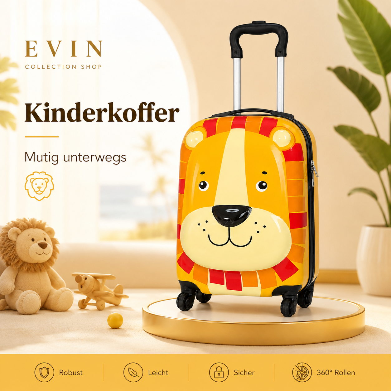Gelber Kinder-Reisekoffer Löwe mit Teleskopgriff