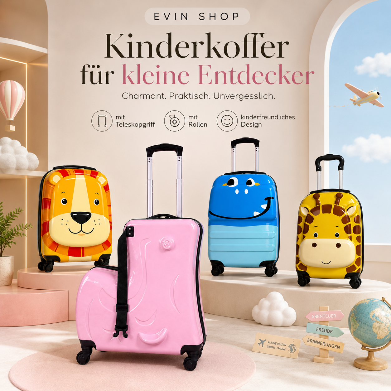Kinder-Reisekoffer Giraffe – Hartschale mit 4 Rollen, 42 cm