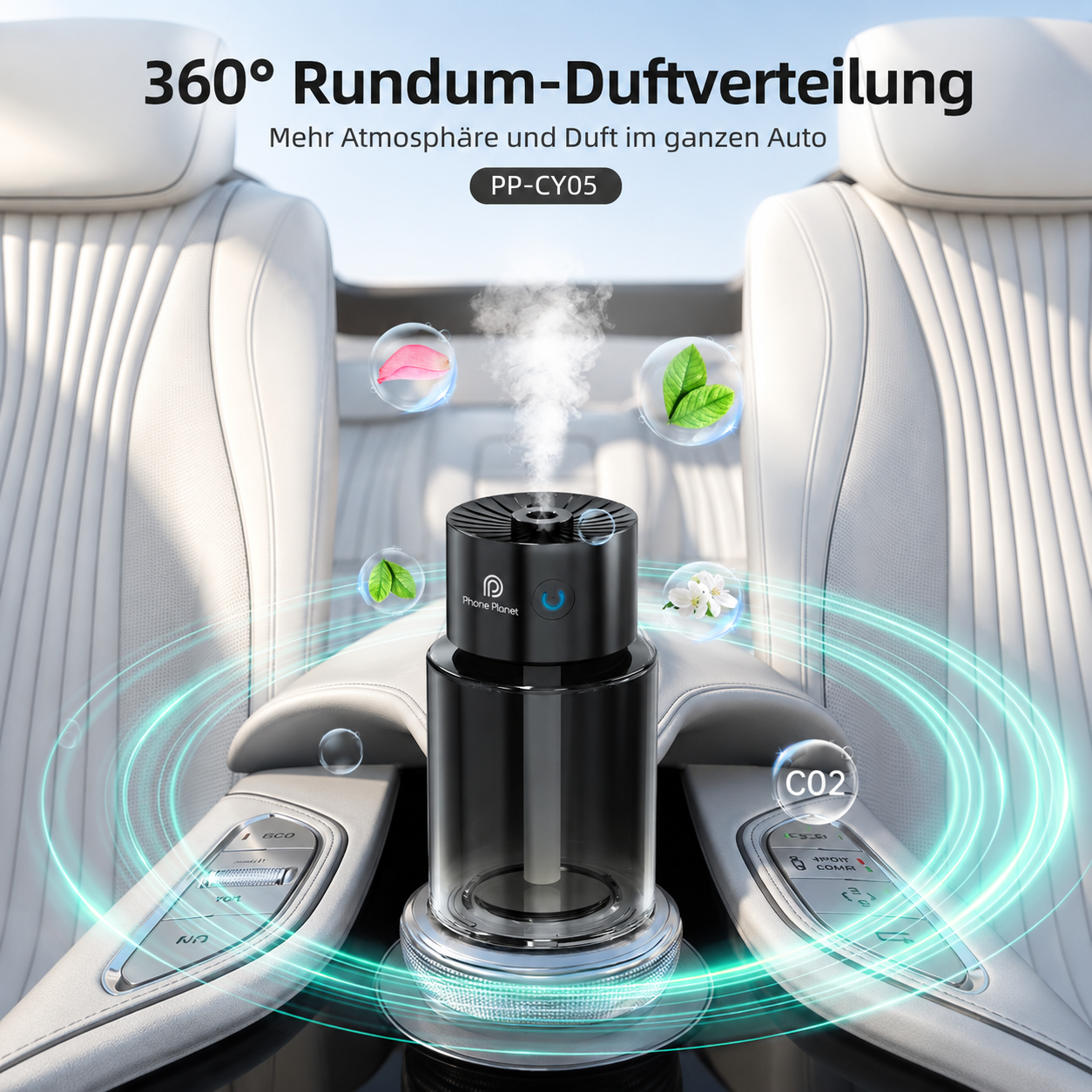 Starry Sky Auto Aroma Diffuser auf einem Wohnzimmertisch mit feinem Duftnebel
