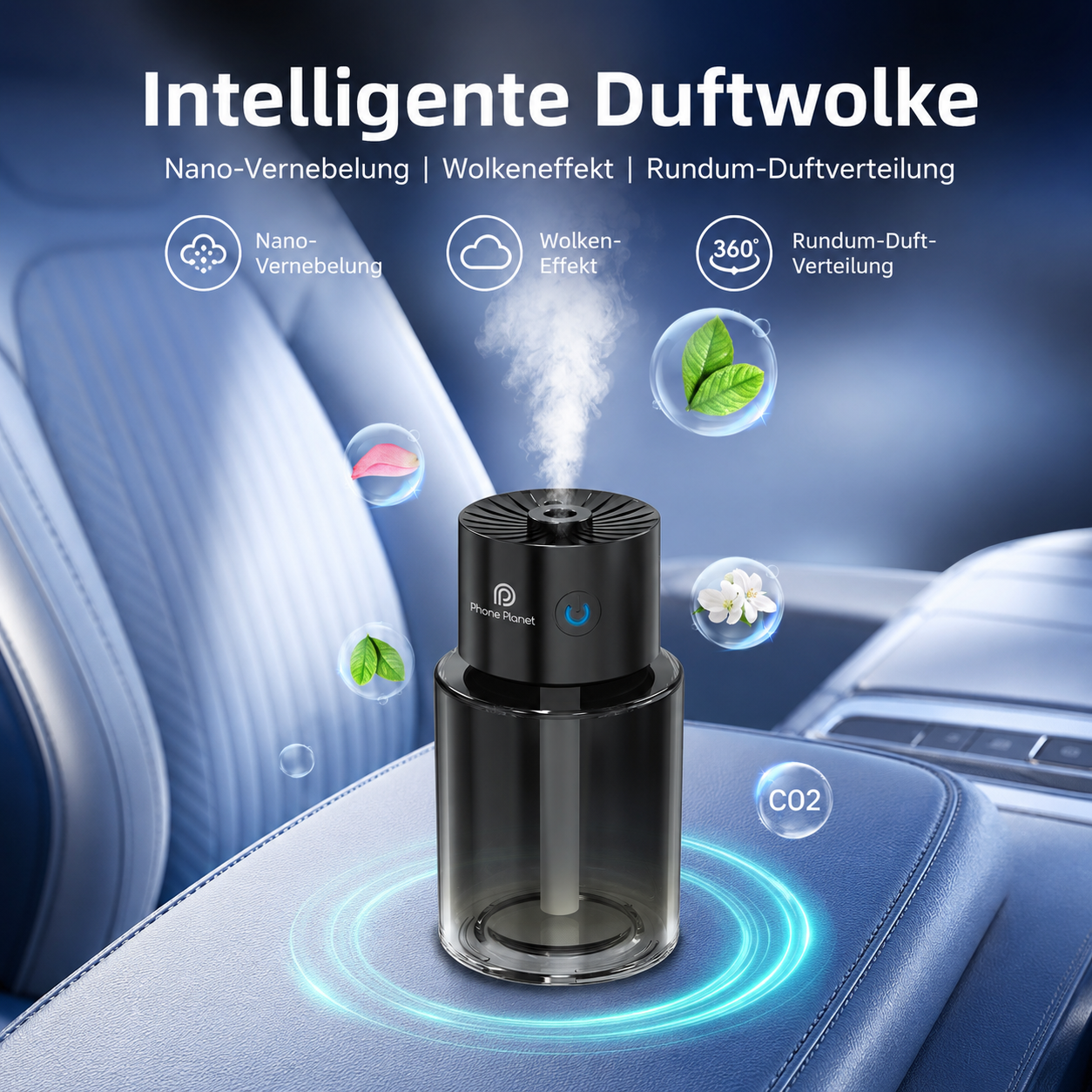 Starry Sky Auto Aroma Diffuser auf einem Wohnzimmertisch mit feinem Duftnebel
