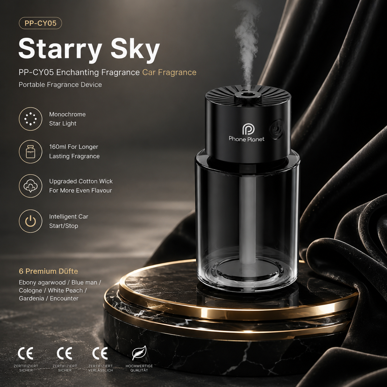 Starry Sky Auto Aroma Diffuser auf einem Wohnzimmertisch mit feinem Duftnebel
