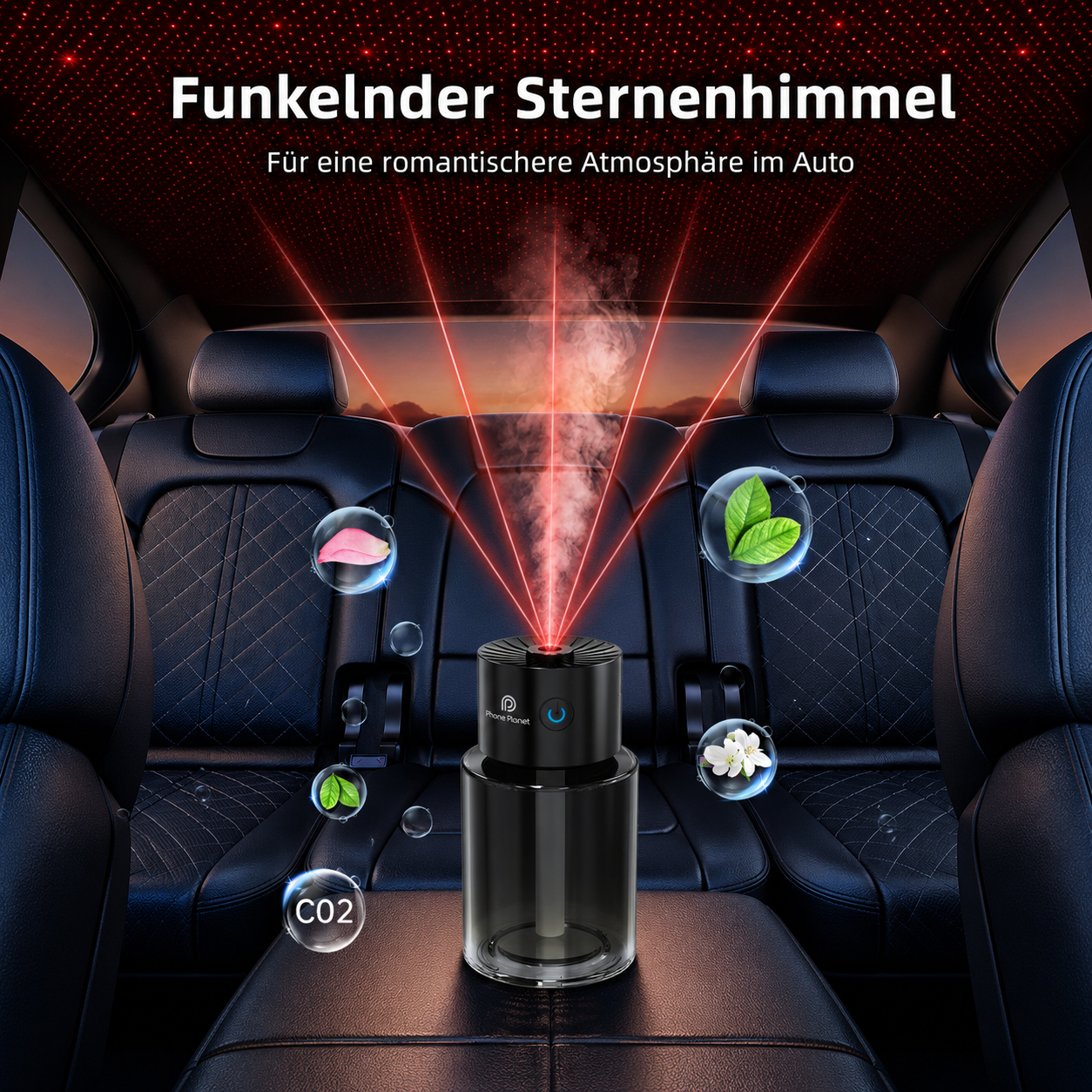 Starry Sky Auto Aroma Diffuser auf einem Wohnzimmertisch mit feinem Duftnebel
