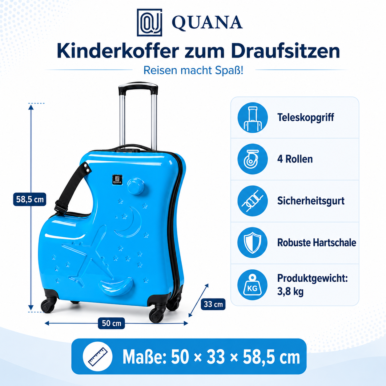 Blauer Kinder-Sitzkoffer mit Zahlenschloss und Teleskopgriff
