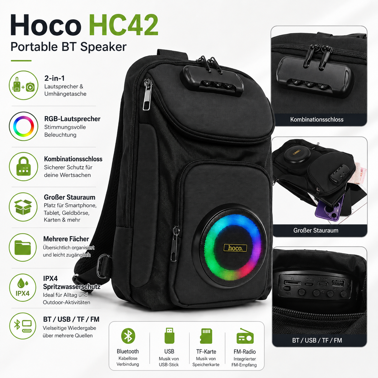 hoco. HC42 2-in-1 Bluetooth-Lautsprecher-Rucksack mit RGB