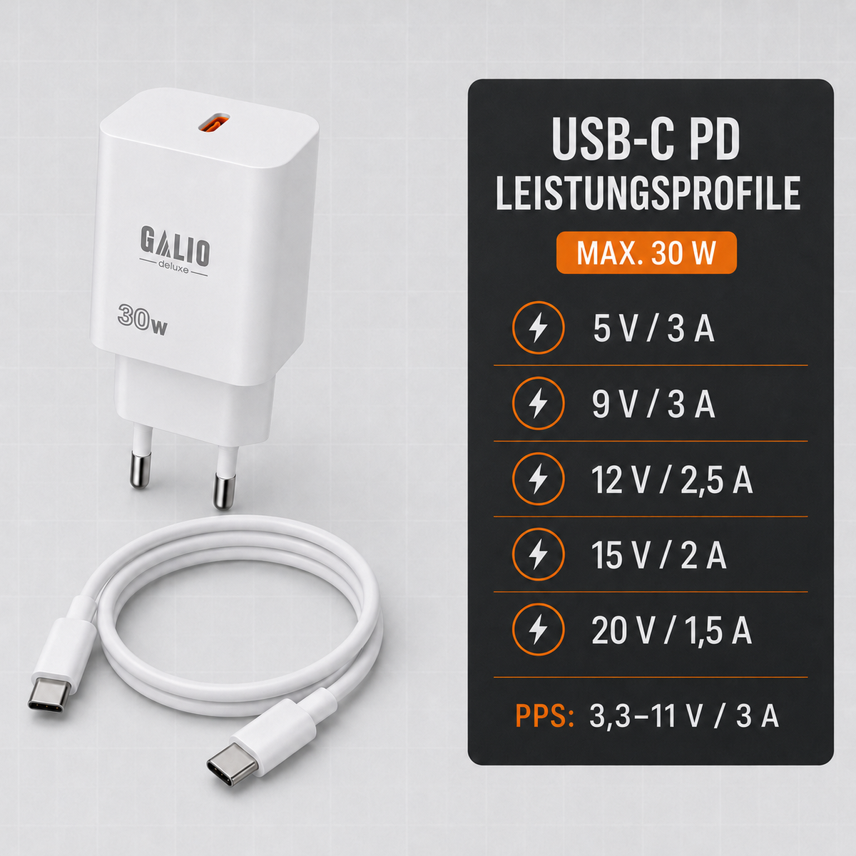 GALIO deluxe 30W GaN USB-C Ladegerät in Weiß mit 1 m USB-C-Kabel