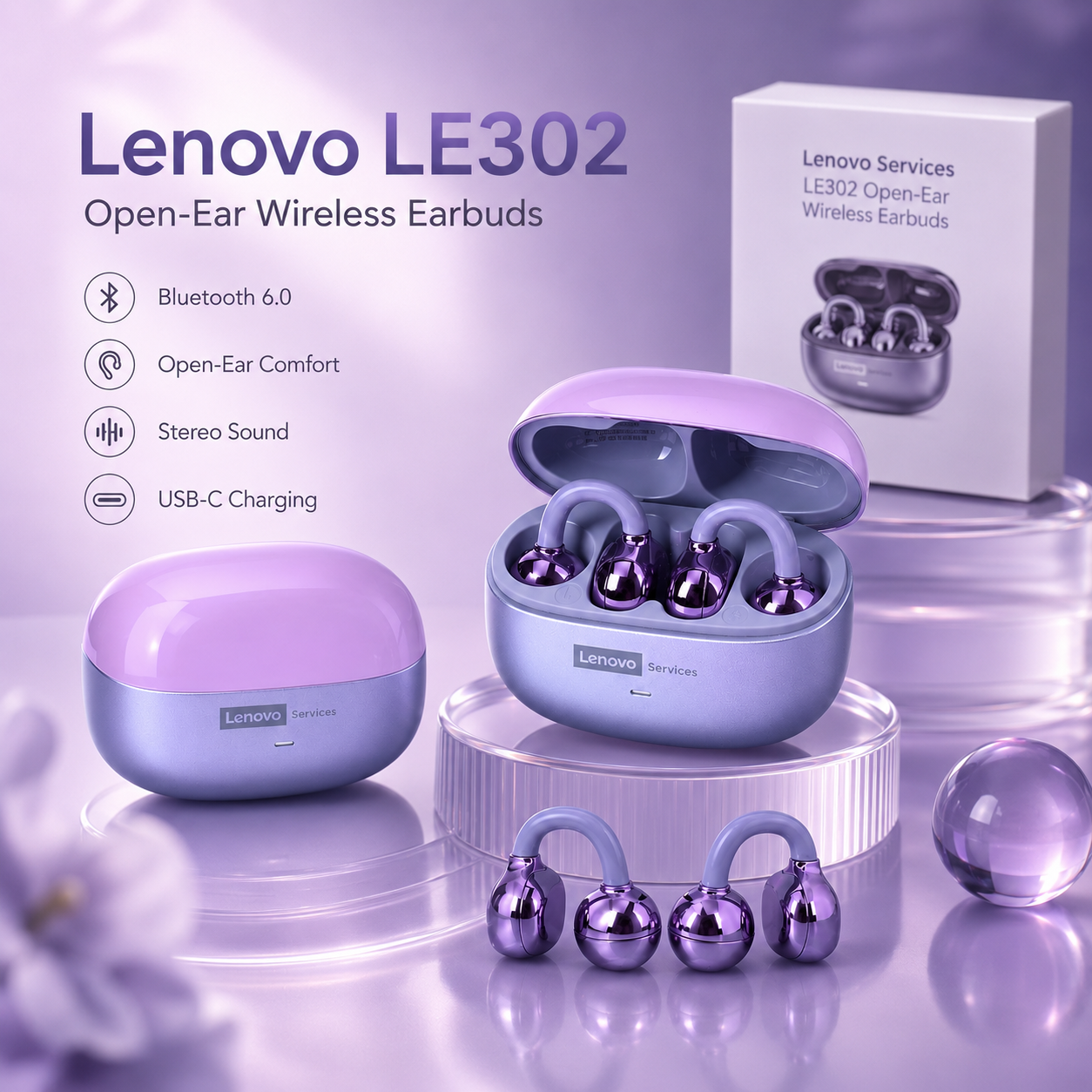 Lenovo LE302 Open-Ear Wireless Earbuds – Lila