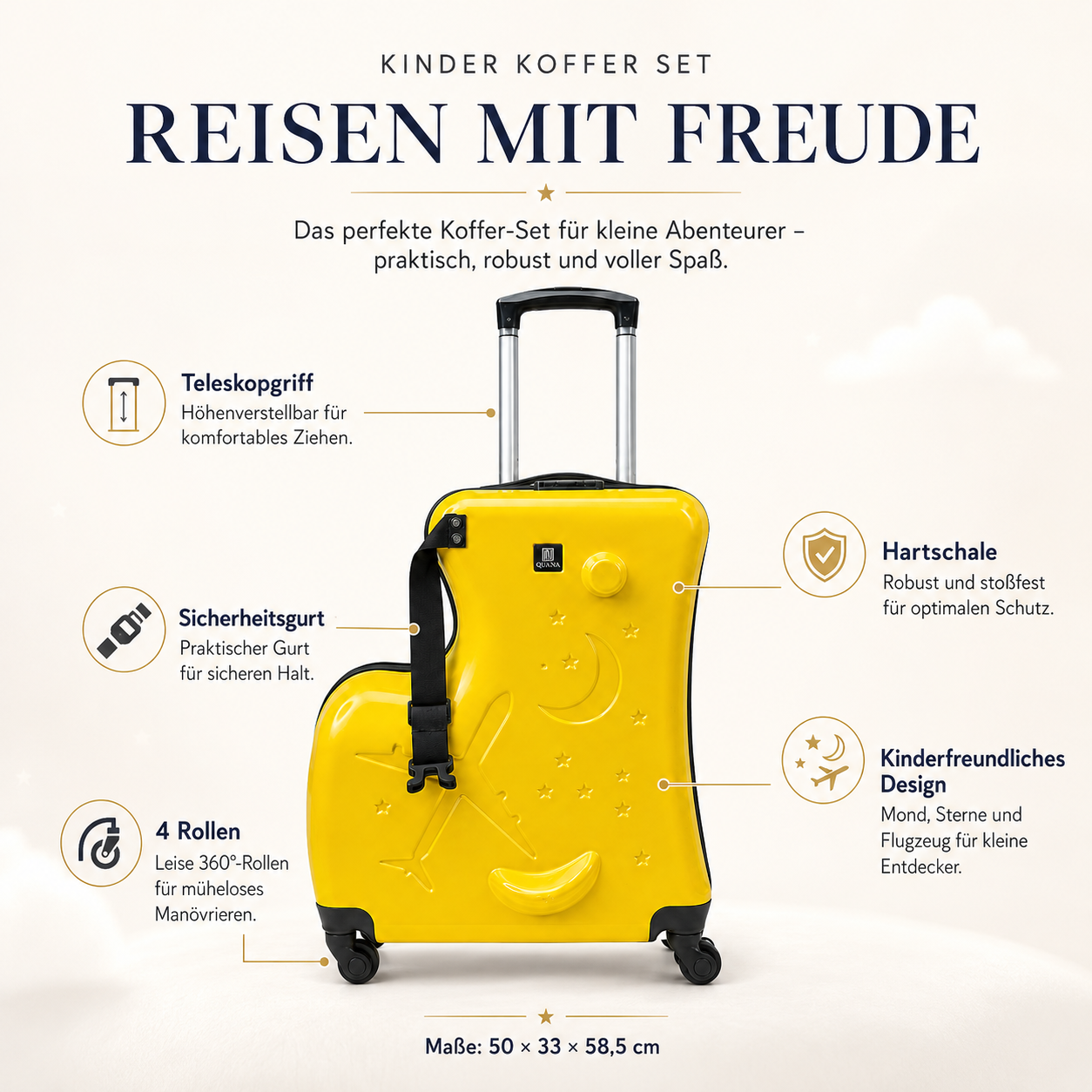 QUANA Kinder-Reisekoffer Gelb mit Hartschale und 4 Rollen