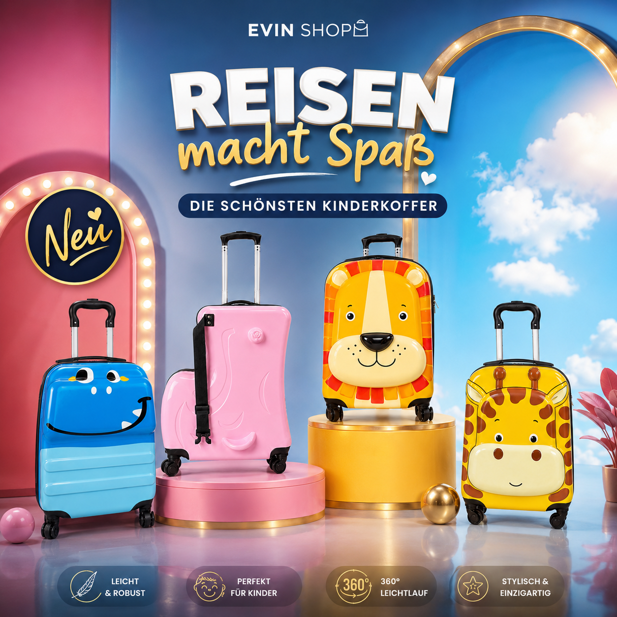 Kinder-Reisekoffer Giraffe – Hartschale mit 4 Rollen, 42 cm