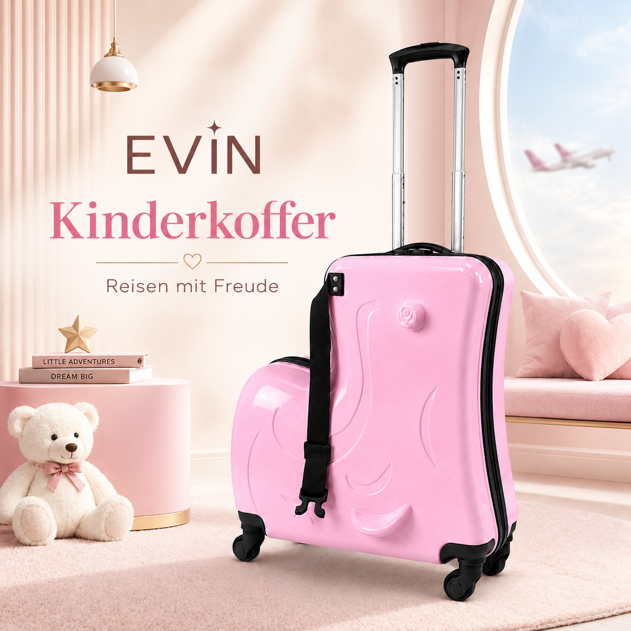 Kinder-Reisekoffer Rosa mit Hartschale, 4 Rollen und Teleskopgriff