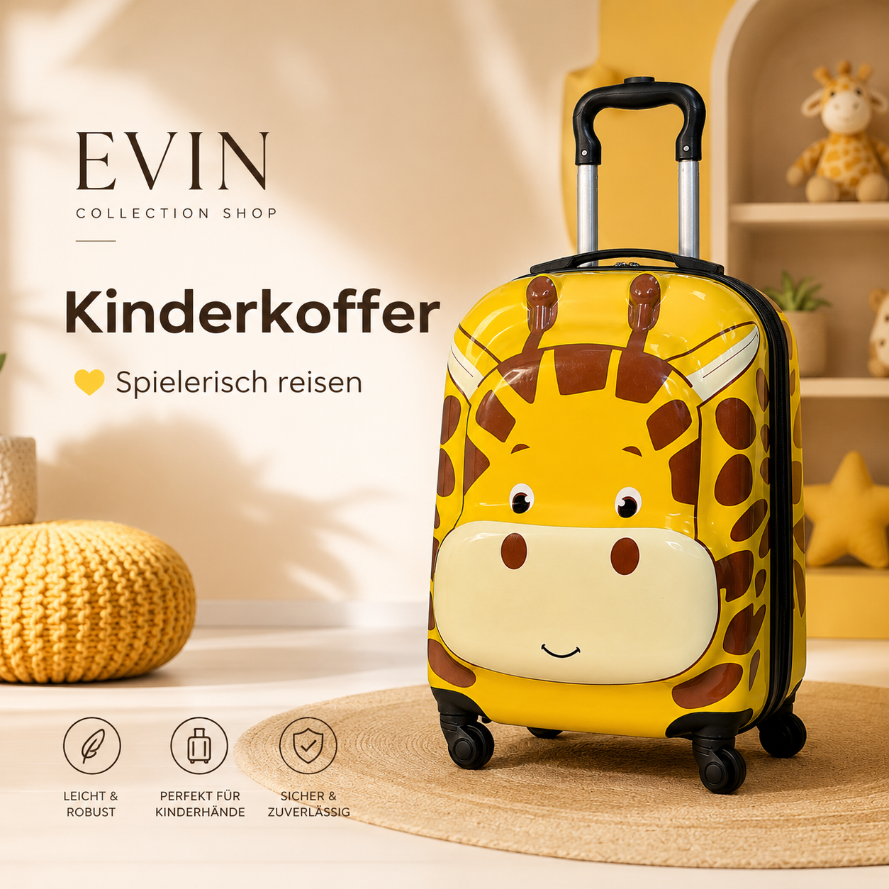 Kinderkoffer Giraffe mit Hartschale vier Rollen und Teleskopgriff